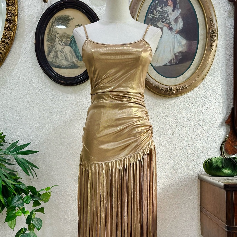 Gold Fringe Satin Evening Dress - Picture 3 of 8